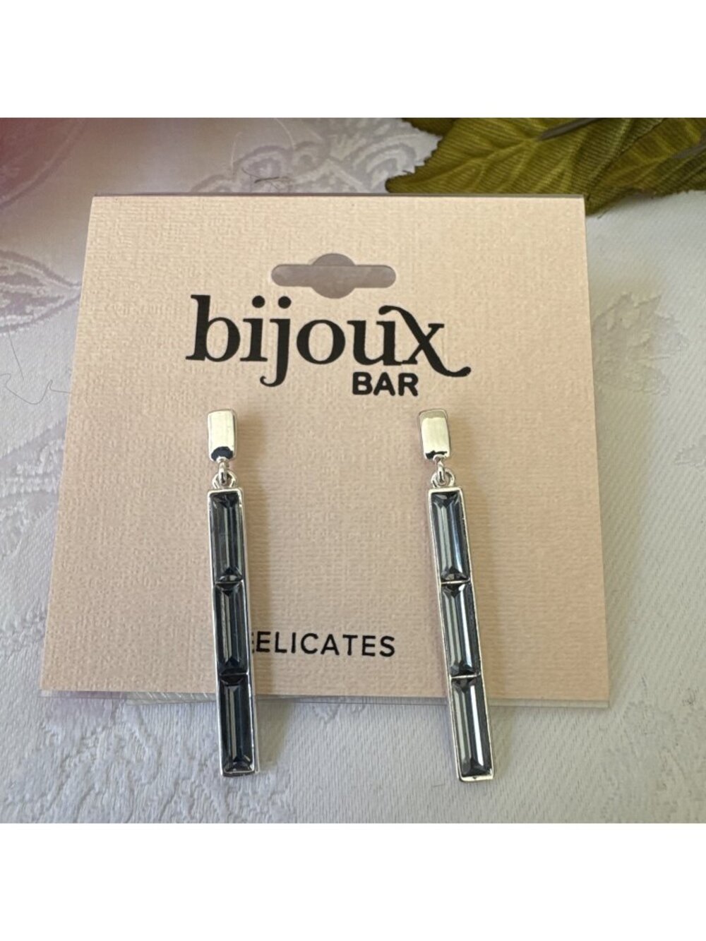 Bijoux Bar Shimmering Blue Silvertone Faux Glass Bar Earrings Dangle 1.5" NEW